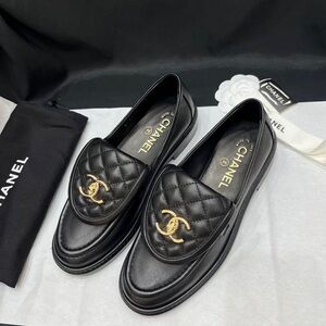 CHANEL Black Quilted Leather Loafers with Gold CC Hardware
